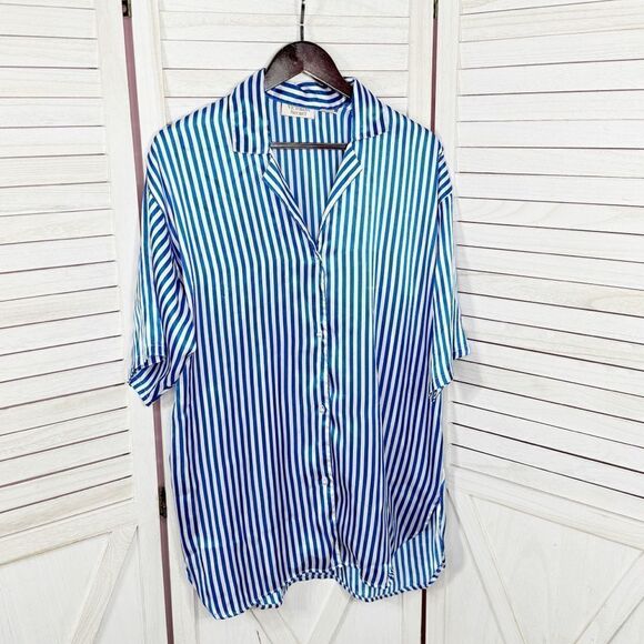 Victoria’s Secret Vintage Striped Satin Sleep Shirt White Blue Small Button Up - Picture 6 of 10
